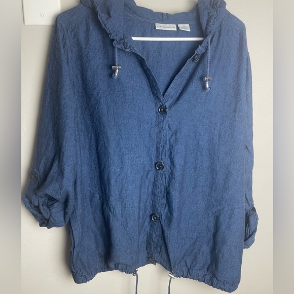 Liz Claiborne Jackets & Blazers - Liz Claiborne Navy Button Up Hooded Jacket Lightweight Linen/ Cotton